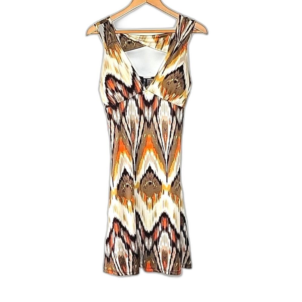 MT COLLECTION Brown Orange V-Neck Cocktail Dress size XL Island Ikat Vacation